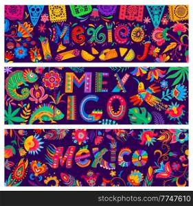 Mexican banners with food, chameleons and flowers, birds, feathers, papel picado flags and chilli peppers, decorated with bright ethnic ornament. National holiday of Mexico vector banners. Mexican banners. Food, chameleons, flowers, birds