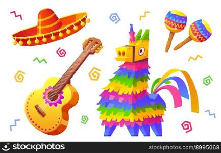 Mexican birthday vector set with pinata and sombrero. Isolated cartoon png collecton wit carnival hat, guitar, maracas and unicorn on white background. Fiesta symbol in Mexico for party decoration.. Mexican birthday party vector set with pinata