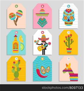 Mexican cards. authentic design tags with mexican symbols. Vector prints templates of mexican tag flyer illustration. Mexican cards. authentic design tags with mexican symbols. Vector prints templates