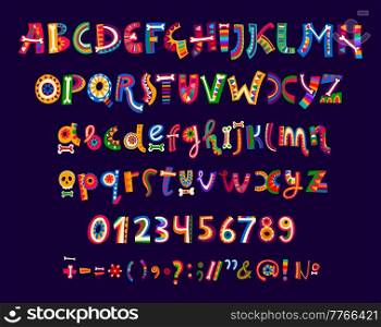 Mexican cartoon font of vector alphabet letters and numbers type. Mexico and Latin America typeface, calligraphy font with bright color floral ornaments, Day of the Dead sugar skulls and bones pattern. Mexican cartoon font of alphabet letters, numbers