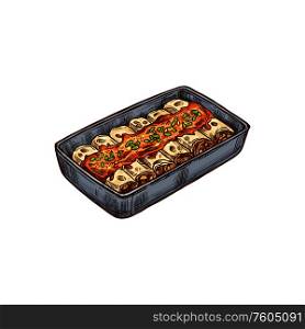 Mexican casserole isolated beef enchiladas in tomato sauce. Vector national food of Mexico. Beef enchiladas isolated mexican casserole sketch