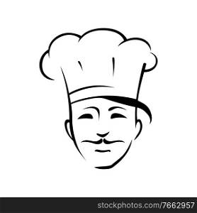 Mexican chef outline vector illustration. Professional cook with thin mustache isolated character on white background. Cook, confectioner, baker design element, Restaurant, cafeteria logo. Mexican chef outline vector illustration