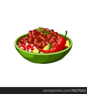 Mexican chili beans dish vector isolated icon. Mexico traditional chilli pepper and beans food. Chilli beans dish, Mexican traditional food