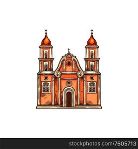 Mexican church isolated building sketch. Vector religious architecture of Mexico, temple landmark. Temple church isolated mexican religious building