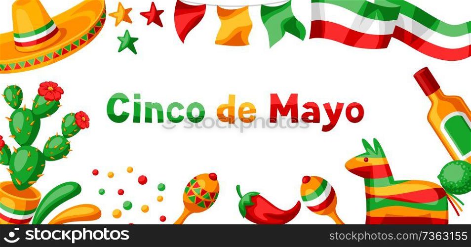 Mexican Cinco de Mayo greeting card. National holiday items.. Mexican Cinco de Mayo greeting card.