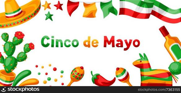 Mexican Cinco de Mayo greeting card. National holiday items.. Mexican Cinco de Mayo greeting card.