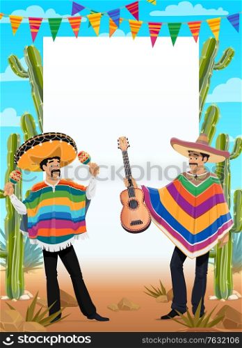 Mexican Cinco de Mayo poster Mexico holiday fiesta and celebration party, vector background. Cinco de Mayo 5 May Mexican holiday men in sombrero and poncho with guitar, cactus and bunting flags. Mexican Cinco de Mayo poster Mexico holiday fiesta