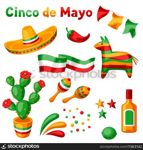 Mexican Cinco de Mayo set of objects. National holiday items.. Mexican Cinco de Mayo set of objects.