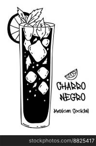 Mexican cocktail Charro Negro. Latin American popular alcoholic drink with tequila, ice cubes and lime pieces. Vector illustration. Hand drawing doodle for menu design and decoration, culinary themes