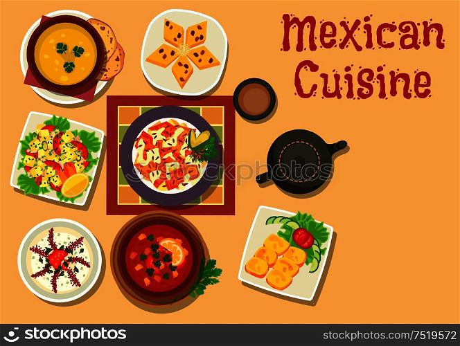 Mexican cuisine authentic dishes icon of chilli salsa bean soup, vegetable salad with cheese, corn bread, chicken with vegetable, pumpkin soup, bread pudding with raisins, creamy onion soup. Mexican cuisine authentic dinner dishes icon