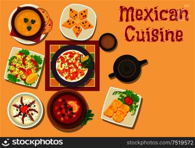 Mexican cuisine authentic dishes icon of chilli salsa bean soup, vegetable salad with cheese, corn bread, chicken with vegetable, pumpkin soup, bread pudding with raisins, creamy onion soup. Mexican cuisine authentic dinner dishes icon