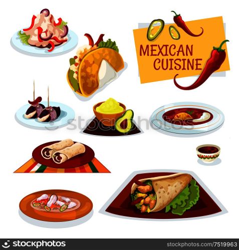 Mexican cuisine cartoon icon with taco, burrito and beef tortilla roll, bacon tapas, avocado guacamole and hot tomato salsa sauces, spicy chilly bean soup, chicken salad and fish soup. Mexican cuisine traditional spicy dishes icon