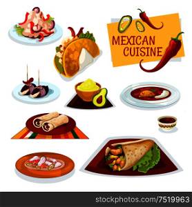 Mexican cuisine cartoon icon with taco, burrito and beef tortilla roll, bacon tapas, avocado guacamole and hot tomato salsa sauces, spicy chilly bean soup, chicken salad and fish soup. Mexican cuisine traditional spicy dishes icon