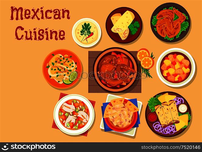 Mexican cuisine chicken burrito and duck tortilla rolls icon with vegetable beef stew estofado, chicken soup with tortillas, spicy chicken wings, fish soup, fried cod and chicken in chocolate sauce. Mexican cuisine meat and fish dishes icon