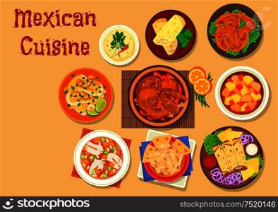 Mexican cuisine chicken burrito and duck tortilla rolls icon with vegetable beef stew estofado, chicken soup with tortillas, spicy chicken wings, fish soup, fried cod and chicken in chocolate sauce. Mexican cuisine meat and fish dishes icon