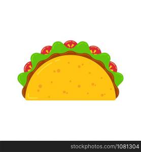 Mexican cuisine fast food delicious tacos drawing. Vector flat illustration traditional taco meal with meat sauce, beef or chicken, tomato and salad isolated on white background for cafe menu.. Mexican cuisine fast food delicious taco drawing