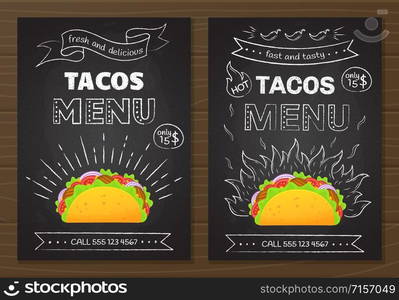 Mexican cuisine fastfood tacos menu. Colorful beef taco graphic with chalk style hand drawn decoration on blackboard with tacos menu offer food banner template vector illustration. Fresh traditional veggie tacos food web banner