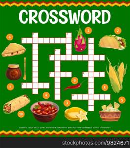 Mexican cuisine food crossword grid worksheet, find a word quiz. Vector brainteaser game with dragonfruit, tacos, carambola, chili con carne, and guacamole. Quesadilla, mate, corn, chili and burrito. Mexican cuisine food crossword grid worksheet quiz