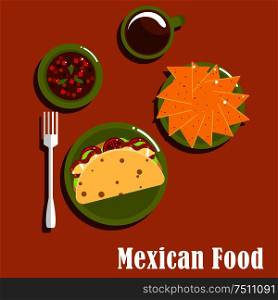 Mexican cuisine lunch flat icons of traditional tacos with fried pork, tomato and lettuce on corn tortillas, nachos, spicy salsa sauce and cup of coffee. Mexican lunch with tacos and nachos