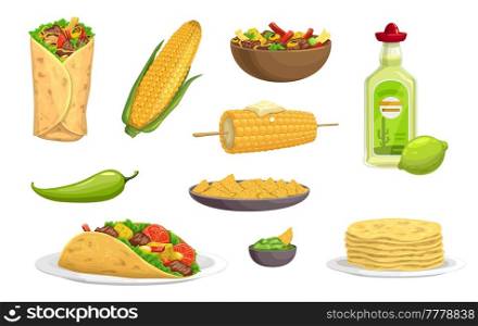 Mexican cuisine meals, cartoon food and drink set. Vector burrito, taco, avocado guacamole and salsa sauce, tequila, nachos and tortilla, tex-mex beef bowl, baked corn, chili or jalapeno green pepper. Mexican cuisine meals, cartoon food and drink