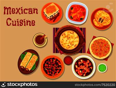Mexican cuisine restaurant menu icon with bean burrito, meat pie empanadas, bean stew with minced beef, vegetable chilli stew, stuffed peppers, tomato rice, potato stew with cheese, bread pudding. Mexican cuisine dishes icon for menu design