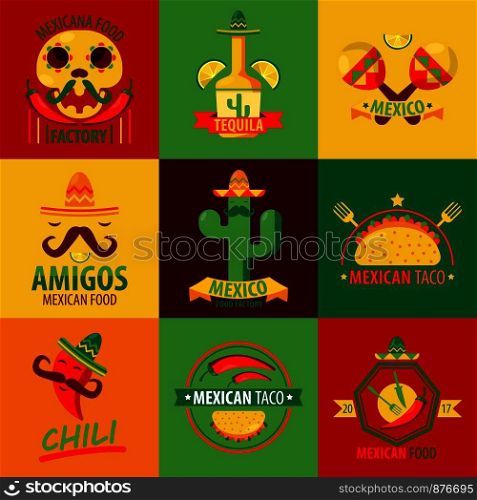 Mexican cuisine restaurant or fast food cafe logo templates. Vector cartoon icons of Mexico tacos, chili pepper and cactus with mustaches or skull and tequila for bar. Mexican cuisine restaurant or cafe vector icons