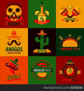 Mexican cuisine restaurant or fast food cafe logo templates. Vector cartoon icons of Mexico tacos, chili pepper and cactus with mustaches or skull and tequila for bar. Mexican cuisine restaurant or cafe vector icons