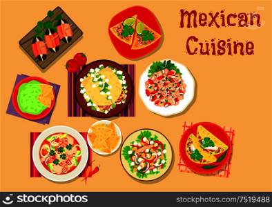 Mexican cuisine spicy salad and snack icon with guacamole with nacho, beef tortilla, chorizo salad taco, bacon date tapas, seafood salad, salmon ceviche on tortilla, meat and vegetable salads. Mexican cuisine spicy snack and salad icon