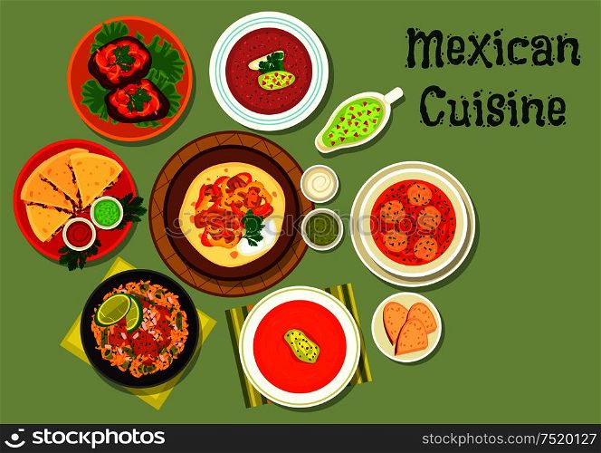 Mexican cuisine tortilla with beef fajita icon served with meatball soup, grilled cheese tortilla, tomato soup with chilli, bean soup with salsa sauce, beef steak, beef tongue stew with rice. Mexican cuisine restaurant dinner icon
