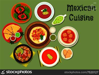 Mexican cuisine tortilla with beef fajita icon served with meatball soup, grilled cheese tortilla, tomato soup with chilli, bean soup with salsa sauce, beef steak, beef tongue stew with rice. Mexican cuisine restaurant dinner icon