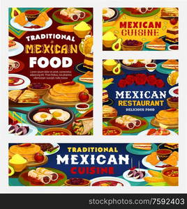 Mexican cuisine traditional food, authentic Mexico restaurant dishes menu. Vector Mexican lunch and dinner meals, nachos and guacamole, tacos, burritos and quesadilla, churros and chili pepper meat. Authentic Mexican cuisine restaurant menu