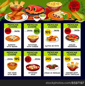 Mexican cuisine traditional food menu price cards. Vector lunch offer design for burrito beans, potato with cheese or alitas de pollo and chilles ressensos, estofado beef soup Mexican steak. Vector menu price cards for Mexican cuisine