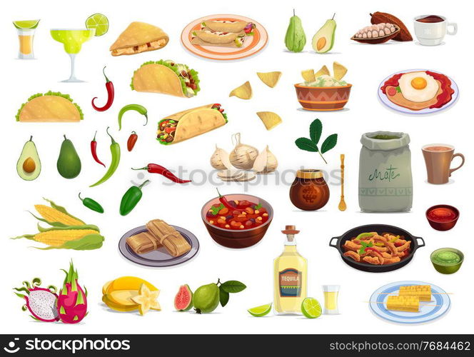 Mexican cuisine vector food and drink cartoon set. Taco, burrito ...