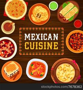 Mexican cuisine vector tacos de pato with duck, bread pudding capirotada or potato casserole with cheese. Meat empanada, beef bean stew chilli con carne or chilli rice with Mexican coffee meals poster. Mexican cuisine meals vector poster