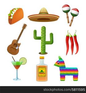 Mexican culture flat icons set with tequila sombrero and hot chili pepper taco abstract isolated vector illustration. Mexican icons set flat