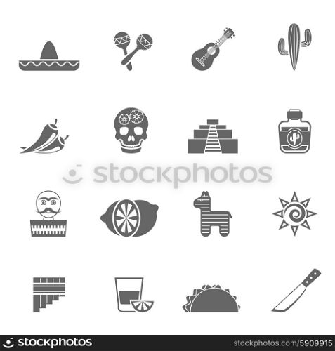 Mexican culture symbols black icons set. Mexican national culture symbols black icons set with sombrero lemon cocktail and cactus abstract isolated vector illustration