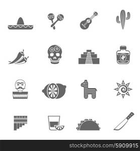 Mexican culture symbols black icons set. Mexican national culture symbols black icons set with sombrero lemon cocktail and cactus abstract isolated vector illustration