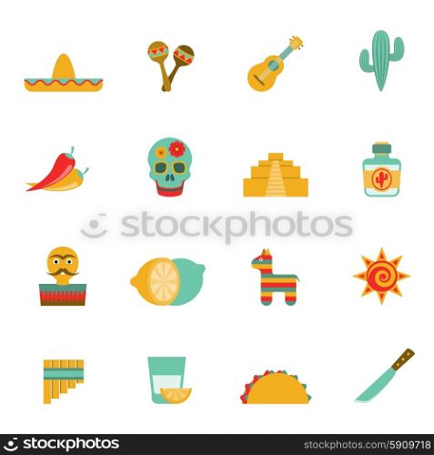 Mexican culture symbols flat icons set. Mexican culture symbols flat icons set with tequila cocktail and hot chili peppers abstract isolated vector illustration