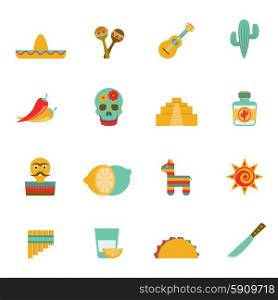 Mexican culture symbols flat icons set. Mexican culture symbols flat icons set with tequila cocktail and hot chili peppers abstract isolated vector illustration