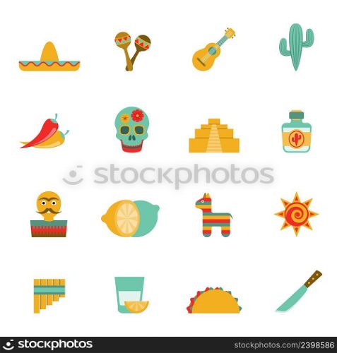 Mexican culture symbols flat icons set with tequila cocktail and hot chili peppers abstract isolated vector illustration. Mexican culture symbols flat icons set