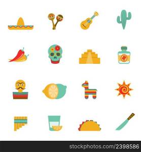 Mexican culture symbols flat icons set with tequila cocktail and hot chili peppers abstract isolated vector illustration. Mexican culture symbols flat icons set