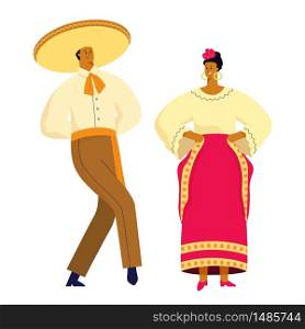 Mexican dancing couple in traditional costumes and symbols. Vector illustration flat design. Isolated on white.
