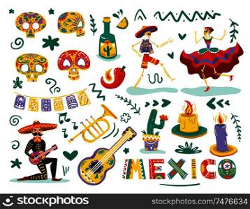 Mexican day dead symbols attributes colorful set with dancing skeletons sugar skulls masks white background vector illustration vector illustration