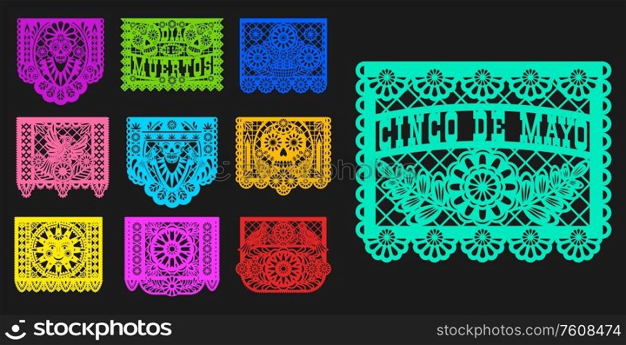 Mexican Day of Dead, papel picado isolated paper cutting flags templates. Vector traditional Mexico Dia de los muertos laser cutting decoration with floral pattern, mariachi skulls, sun and birds. Mexican Day of Dead papel picado paper cut flags