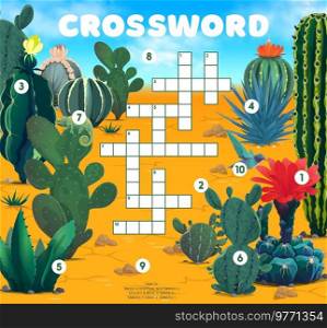 Mexican desert flora and fauna crossword grid worksheet. Find a word vector quiz game or education puzzle. Cartoon cactus flowers, chameleon, bird, agave, aloe succulent plants fill in squares riddle. Mexican desert flora and fauna crossword grid