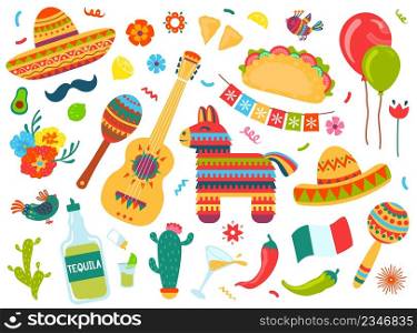 Mexican doodle elements, cinco de mayo festival decorations. Mexico holiday symbols and food, tequila, pinata, sombrero, guitar vector set. Traditional celebration with funny objects. Mexican doodle elements, cinco de mayo festival decorations. Mexico holiday symbols and food, tequila, pinata, sombrero, guitar vector set