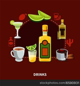 Mexican drinks composition on maroon background with tequila, cocktails, cocoa with chili pepper and cinnamon,  vector illustration. Mexican Drinks Composition