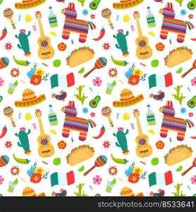 Mexican elements seamless pattern. Sombrero, guitar and cactus, tequila and chili traditional american culture symbols vector texture. Holiday celebration with traditional Mexican symbols. Mexican elements seamless pattern. Sombrero, guitar and cactus, tequila and chili traditional american culture symbols vector texture