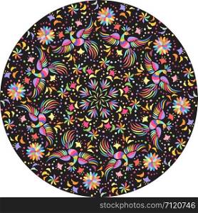 Mexican embroidery round pattern. Colorful and ornate ethnic pattern. Birds and flowers on the black background. Floral background with bright ethnic ornament.. vector Mexican embroidery round pattern