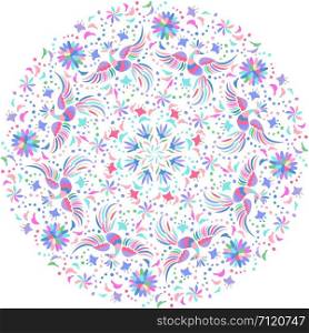 Mexican embroidery round pattern. Colorful and ornate ethnic pattern. Birds and flowers light background. Floral background with bright ethnic ornament.. vector Mexican embroidery round pattern